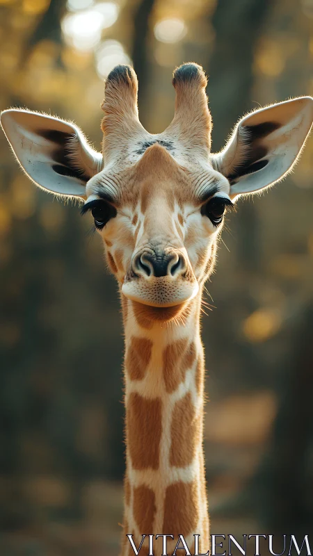 Vertical portrait of giraffe with soft bokeh background.