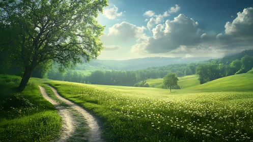 Sunlit country path curving through flowering green meadows.