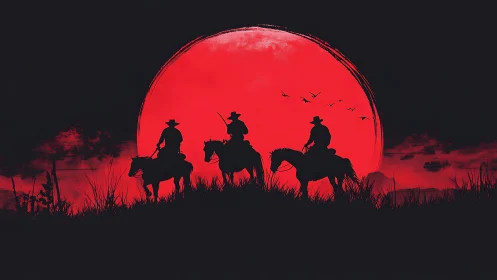 Riders in silhouette crossing under a blazing crimson moon.