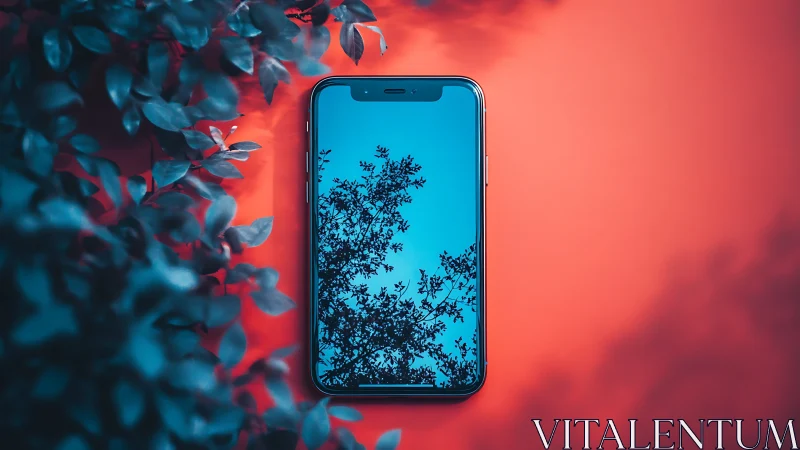 Mirror-screen phone cradles skyward leaves on coral stage.