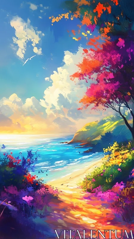 Vibrant digital seascape shows colorful coastal path at sunset