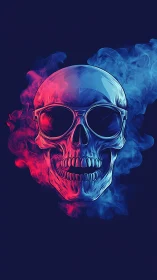 Neon skull with sunglasses in split red blue smoke glow.