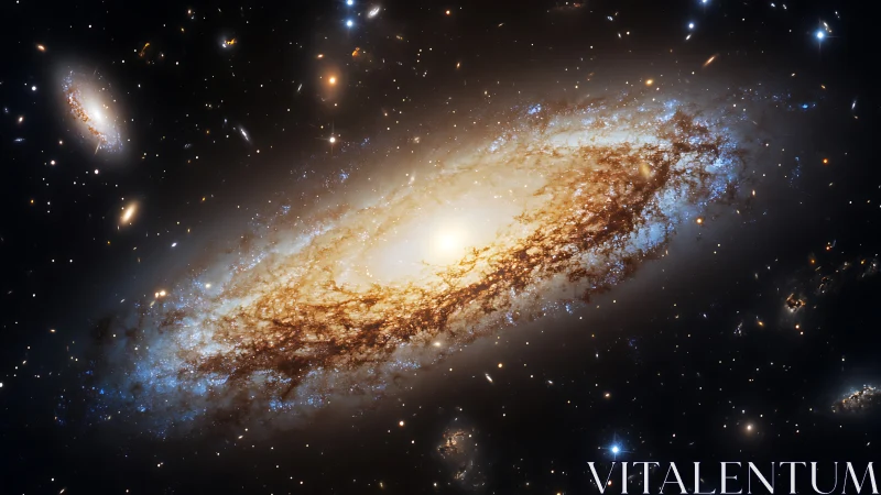 Photorealistic barred spiral galaxy with luminous dust halo.