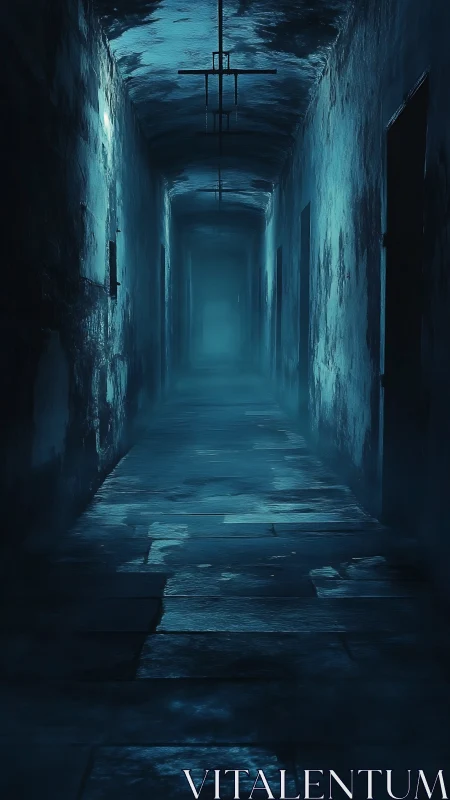 Haunted blue corridor swallowed by distant spectral fog.