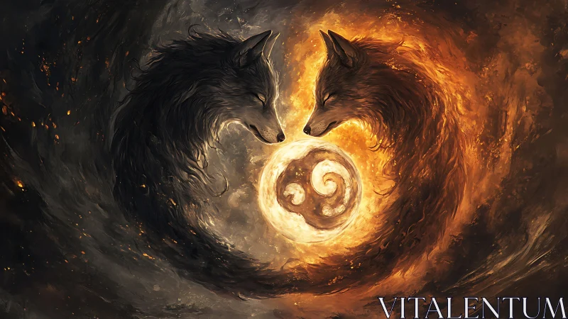 Twin elemental wolves curve around glowing yin yang sun.