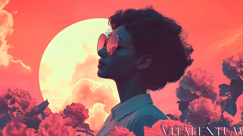 Silhouetted woman in sunglasses faces stylized sun and flowers