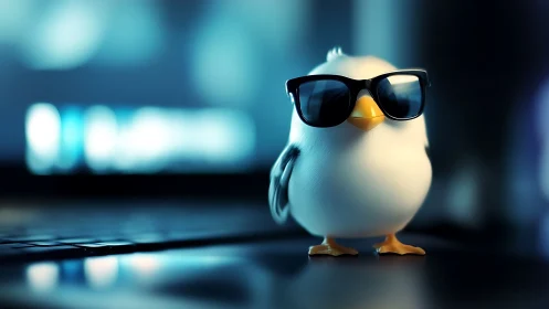 Stylized Bird Character with Sunglasses in Urban Setting