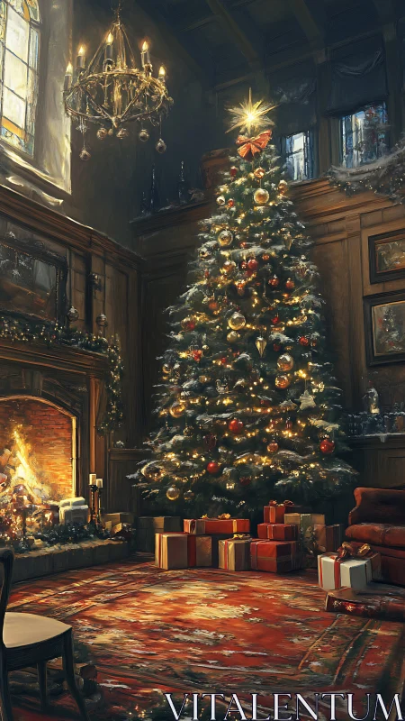 Grand festive tree in opulent candlelit manor interior.