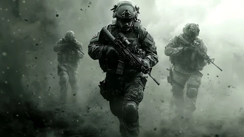 Tactical infantry squad advances through dense battlefield smoke