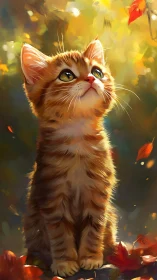 Young Ginger Kitten Gazing Upward Among Autumn Leaves