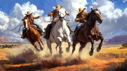 Triad of cowboys sprinting across sunlit desert canyon plain