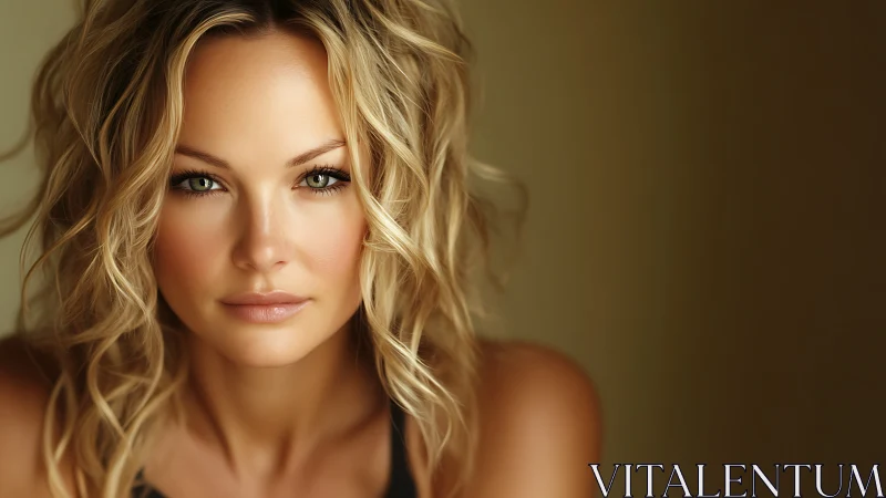 Neutral portrait of woman with wavy blonde hair in studio.