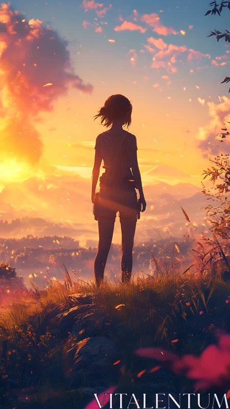 Silhouetted traveler observes radiant valley at volumetric dusk