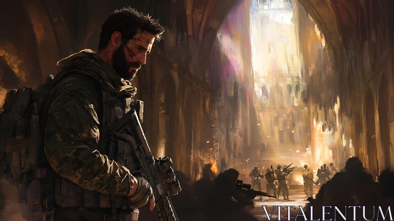 Battle‑worn operator in ruined cathedral combat breach