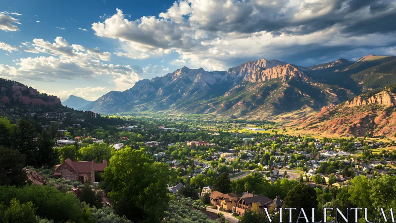 Orographic front-lit Rockies over suburban valley settlement.