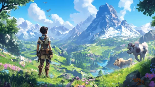 Explorer surveys vast alpine valley under towering peaks.