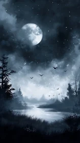 Moonlit river under stormy night sky with dark forest.