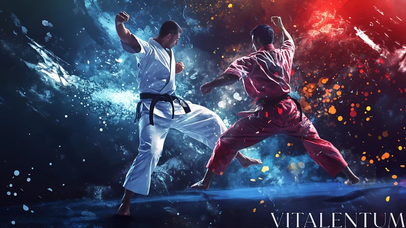 Karate fighters clash amid explosive abstract energy field
