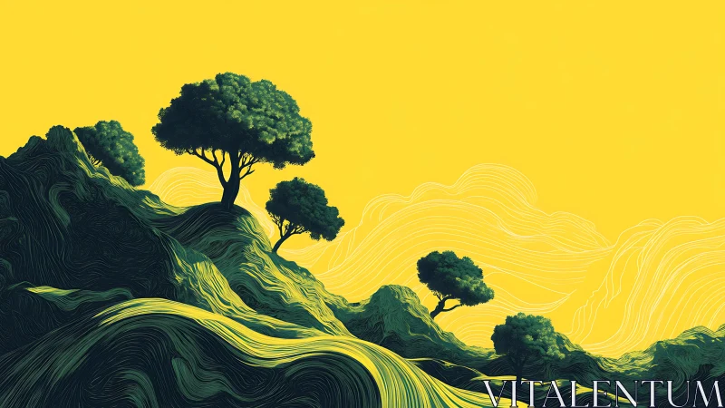 Hillside daydream trees on neon-yellow whispering sky.