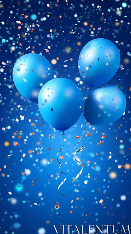 Four blue balloons floating among colorful confetti particles