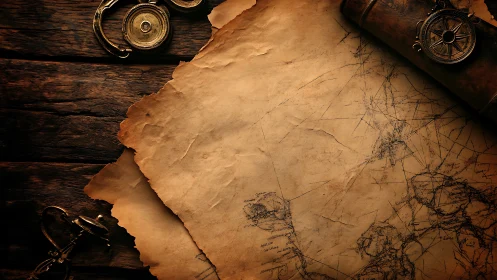 Weathered nautical map lies on rustic wooden table