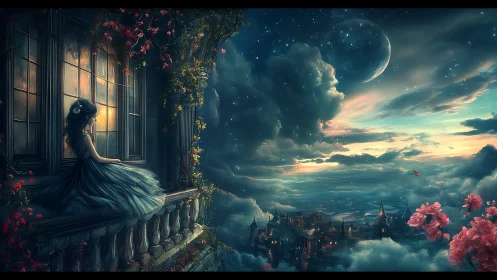 Moonlit maiden gazes over enchanted skybound kingdom.