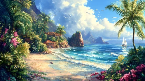 Tropical Paradise Beach with Mountain Peaks and Sailboat Adventure