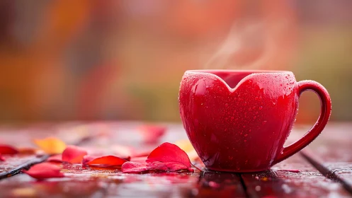 Heart-shaped red mug with rose petals on wooden surface
