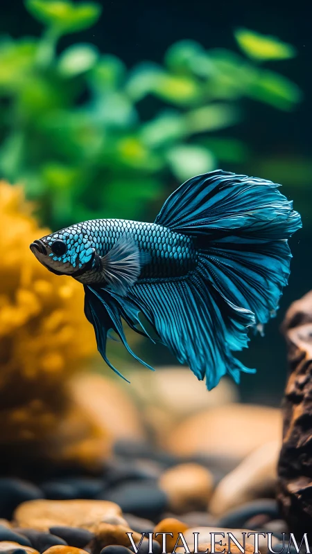 Blue betta fish glides through a softly lit aquascape.