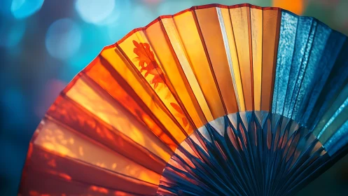 Close-up view of multicolored folding hand fan in light.