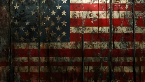 Weathered American flag painted on distressed wooden boards.