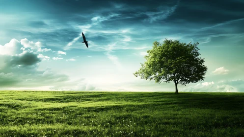 Lone Tree in Serene Field Under Dramatic Sky, Photorealistic Style.