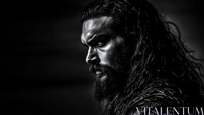 Brooding warrior gazes into darkness with steady resolve