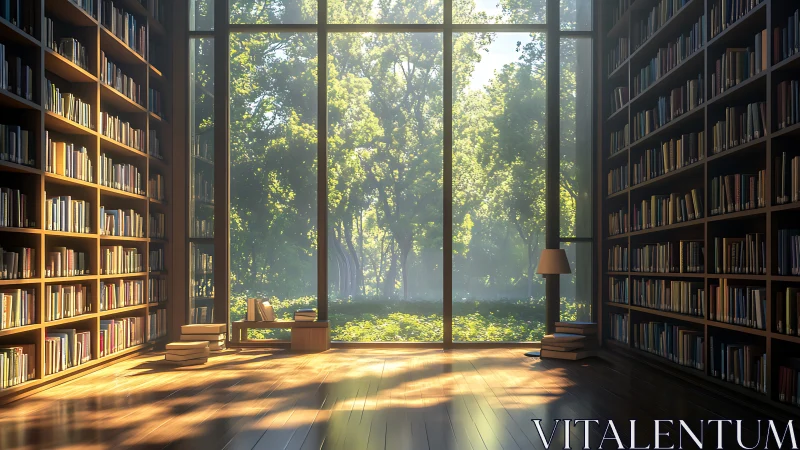 Sunlit forest library frames a tranquil reading retreat.