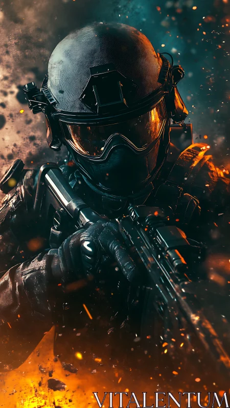 Armored tactical figure holds rifle amid explosive debris