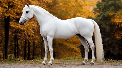 Graceful white horse glowing against golden autumn woods.