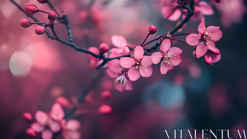 Pink Cherry Blossoms on Branch with Bokeh Background