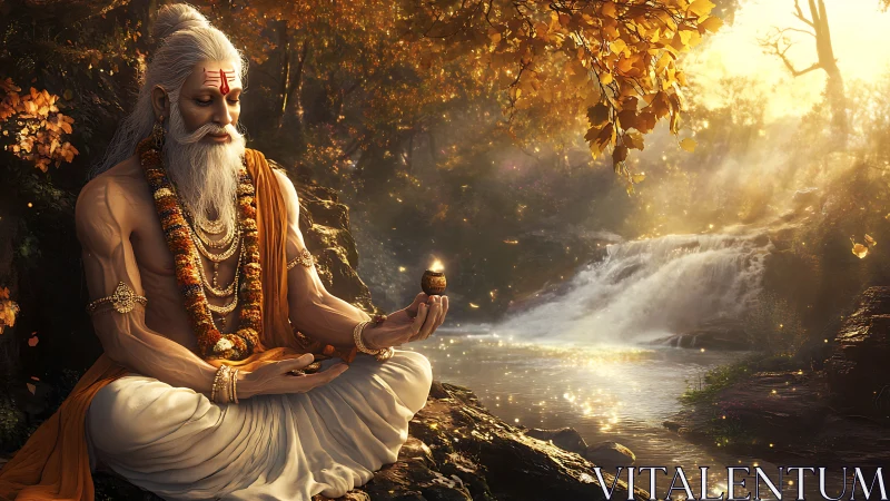 Elderly robed figure meditating by river under warm light.