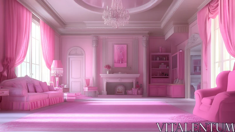 Monochromatic pink neoclassical living room interior design.