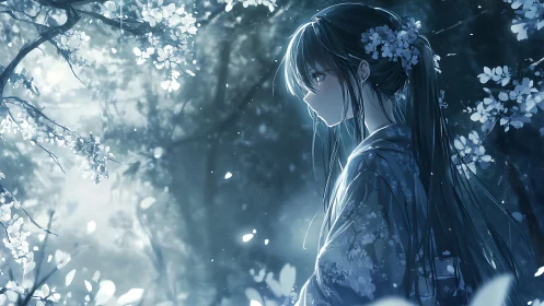 Girl in kimono stands under moonlit flowering trees.