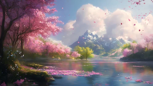 Luminous alpine lake with sakura bloom under volumetric clouds.