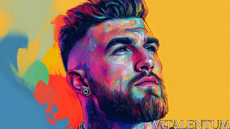 Color rich digital portrait of bearded man on yellow wall.