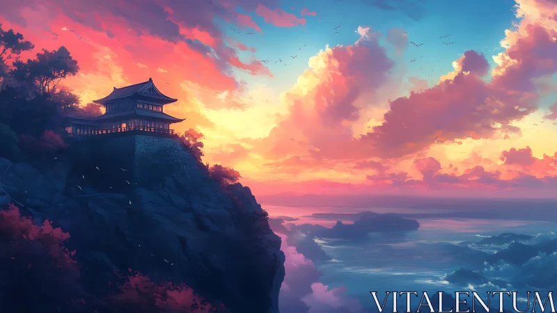 Clifftop temple watches a glowing ocean sunset sky