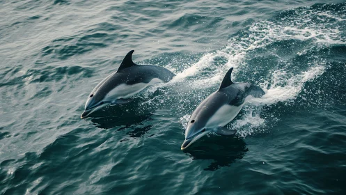 Two dolphins swimming at water surface in open ocean.