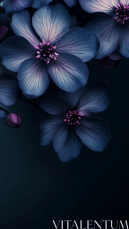 Blue Flowers with Purple Stamens Against Dark Background