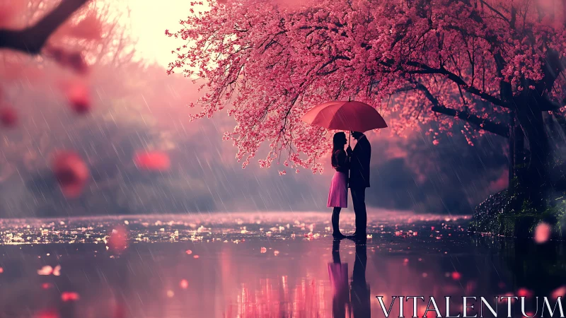 Compositional Study of Silhouetted Figures Under Blooming Canopy with Precipitation