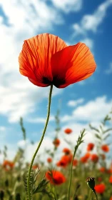 Skyward poppy unfurls its ember-red wings above summer field