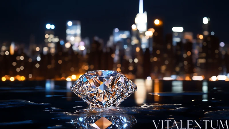 Brilliant diamond reflects neon city lights at night.