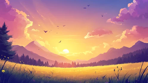 Sunlit mountain meadow under vivid pastel sunset sky.