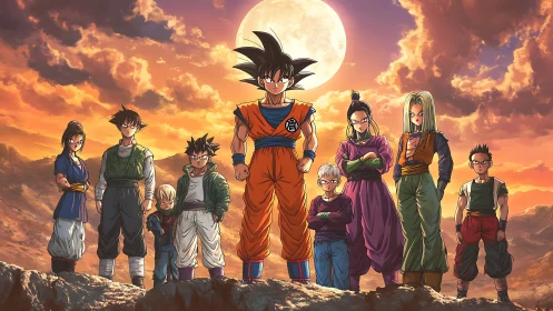 Sunset-illuminated anime heroes against full moon backdrop